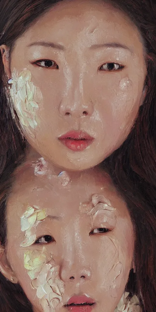 Image similar to beautiful highly detailed and expressive oil painting of a korean woman's face dissolving into petals, masterpiece, dynamic lighting,