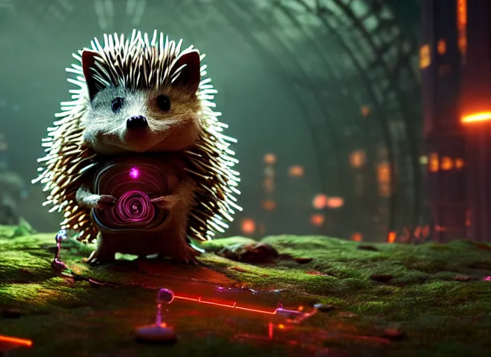 Image similar to intricate hedgehog with optic fibers growing out of it's back, on the background of a weird magical mechanical forest. Very detailed 8k. Fantasy cyberpunk horror. Sharp. Cinematic post-processing. Unreal engine. Nanite. Ray tracing. Parallax. Tessellation