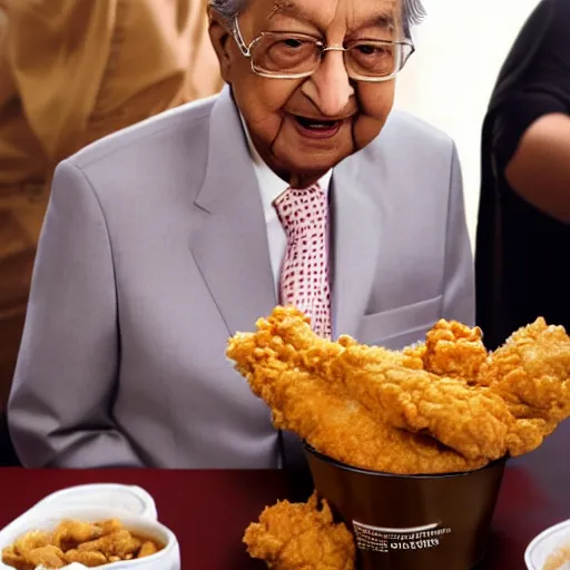 Image similar to Tun Mahathir mohammad eating a bucket of KFC , photorealistic 8k