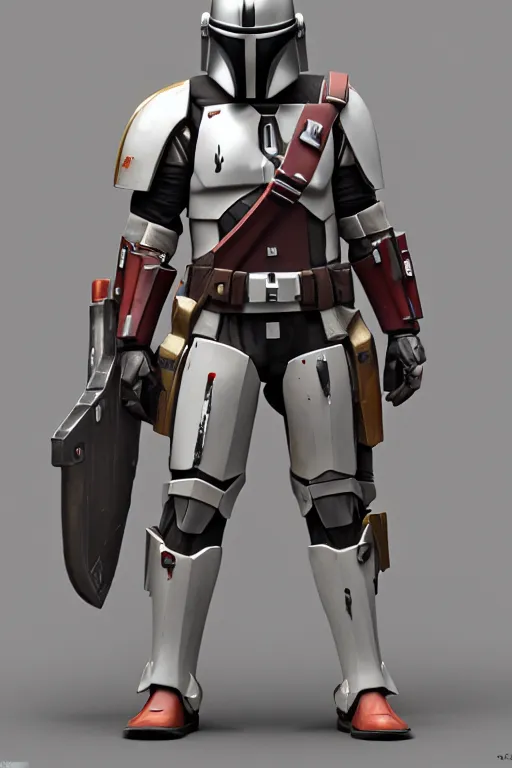 Image similar to mandalorian overwatch style statue made of white marble standing, 3 d render, octane render, unreal engine, overwatch, detailed, dynamic light, beautiful, rococo, accents of red