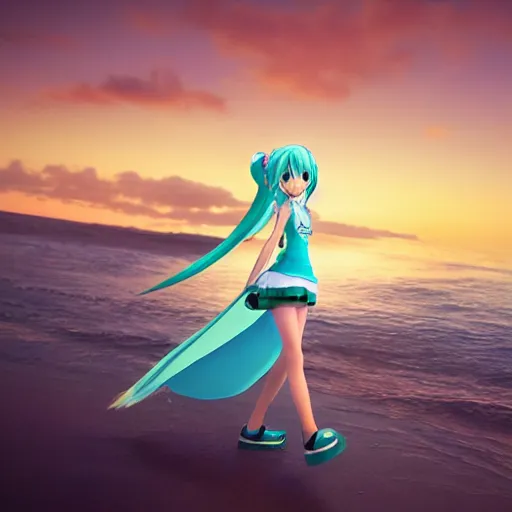 Image similar to photo of hatsune miku takes a walk on late evening beach, f 2,4