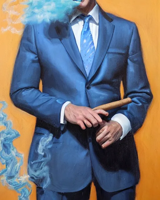 Image similar to Hyper realistic oil portrait of a man in his thirties smoking a cigar, dressed in a blue suit, by Mosh Art, trending on artstation