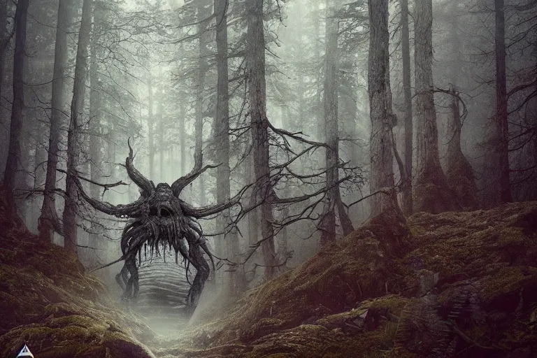 Image similar to creepy eldritch monster in a swedish forest, very low angle photograph, very detailed, trending on artstation, realistic, soft colors, simon stålenhag, lovecraft, horror