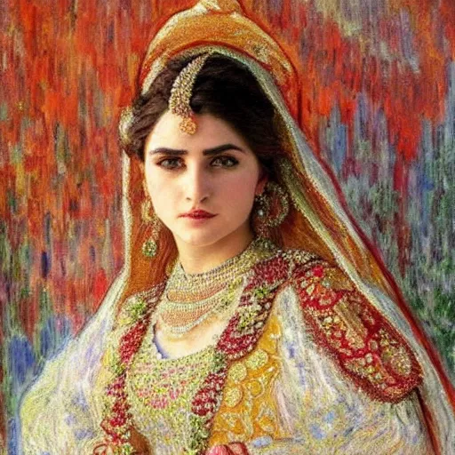 Image similar to full body portrait of a beautiful Kurdish bride wearing a beautiful wedding dress, very detailed eyes, hyperrealistic, beautiful and symmetrical face, very detailed painting by Claude Monet and Alphonse Mucha, trending on artstation, extremely high detail, incredibly intricate