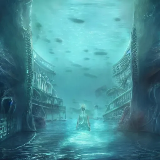 Prompt: Mysterious city under water. The Lost World of Atlantis. Alien marine beautiful woman looks at us. Big eyes, small genus, smile. Forehead tattoo. . Digital art. Super detail, 4k, wow, artstation trending