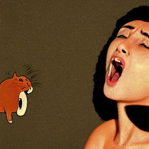 Image similar to egptian heiroglyphics depicting a woman screaming at a cat, high quality photograph, kodachrome film, 1 9 8 9