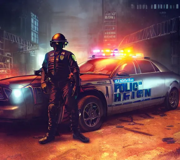 Prompt: a robotic cthulhu police officer sitting next to a futuristic police car, rusty helmet, cyberpunk, fallout 5, studio lighting, deep colors, apocalyptic setting, city at night