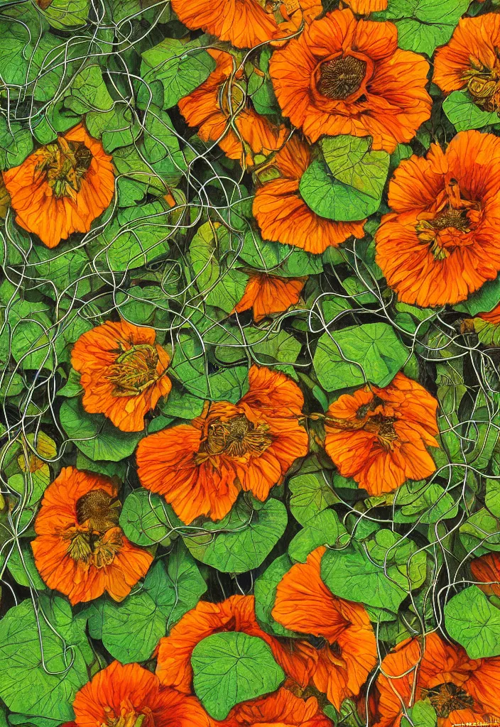 Prompt: award winning hyperrealistic artwork about entangled sunflowers and falling nasturtiums with vines, high definition, fine details, closeup, macro
