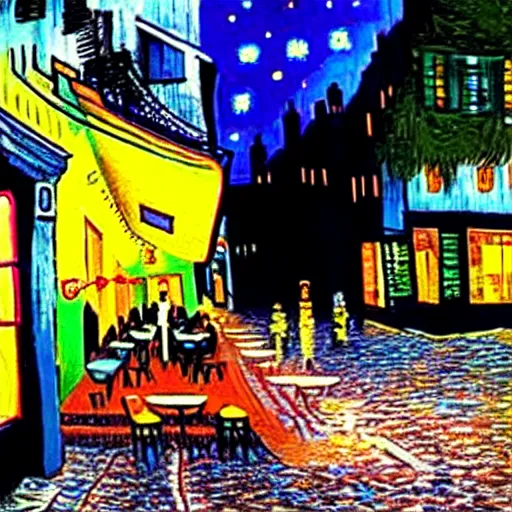 Image similar to Cyberpunk Cafe Terrace at night by Vincent Van Gogh