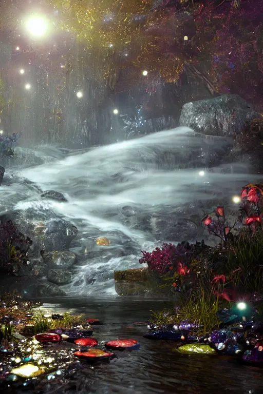 Prompt: The sparkling creek is full of jewels and glitters in the moonlight, ruby, sapphire, celestine, moonstone, amethyst, garnet, emerald, pearl, concept art, fantasy, gothic cathedral, light through the mist, dramatic lighting, photorealistic, cinematic lighting, high detail, cinematic feel, high octane, 4K, Unreal Engine, digital render, intricate, ultra realistic, crepuscular ray, low angle, superwide shot, lunapunk