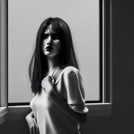 Prompt: black and white fashion photography of highly detailed beautiful depressed Woman with beautiful face, beautiful eyes and beautiful lips in the heroine chique style standing by the window and smoking a cigarette with beautiful hand Rendered in Blender and Octane Render volumetric natural light