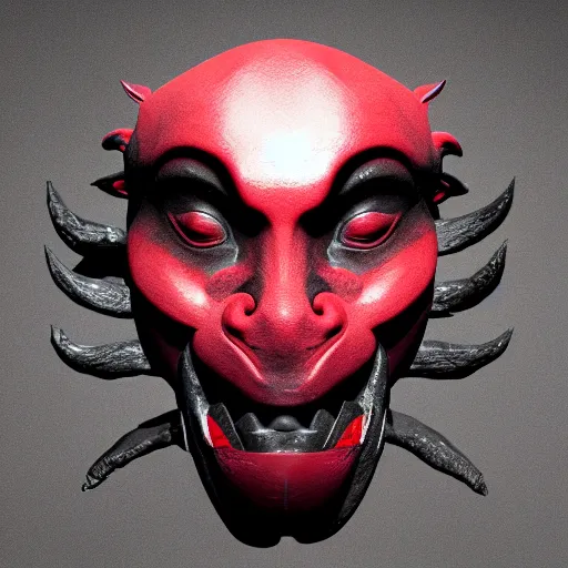 Image similar to Oni mask, mysterious and evocative, black and red details, photorealistic, octane render, highly detailed, 4K, ray tracing, ambient lighting, H 1024