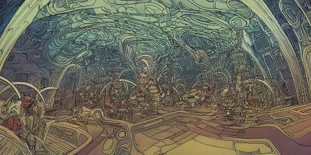 Image similar to cinematic shot of the interior of a crystalline sci-fi spaceship made with ornate elven architecture and highly advanced technology, extremely detailed, intricate linework, style of Jean Giraud Moebius comic art