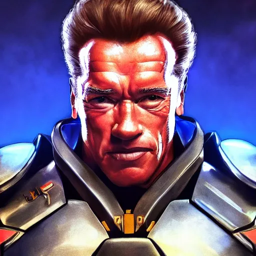 Image similar to a screenshot of arnold schwarzenegger as reinhardtin overwatch, portrait, fantasy, beautiful face, vivid colors, elegant, concept art, sharp focus, digital art, hyper - realistic, 4 k, unreal engine, highly detailed, hd, dramatic lighting by brom, trending on artstation