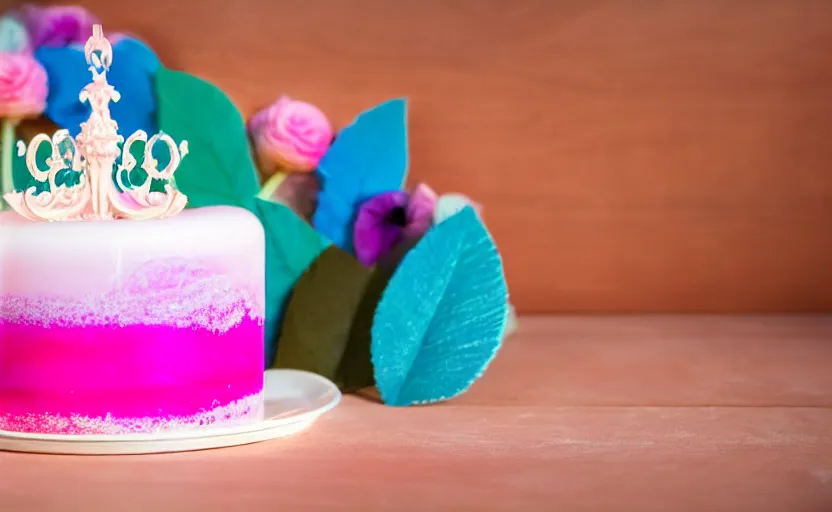 Image similar to A photo of a swedish princess cake from the side on a wooden table, covered with pink marzipan, some powder sugar and a blue marzipan leaf in the center. Sunset. 4K. Cinematic lighting. High detail. Realistic. Delicious.