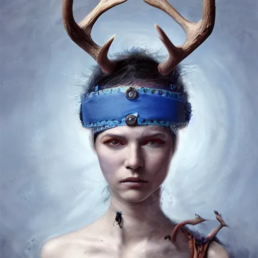 Image similar to A young female shaman, blue hair and antlers on her head. blindfolded, heilung, in the style of Heather Theurer, headshot photoshoot, insanely detailed and intricate, beautiful, elegant, cinematic toplight, portrait, headroom, artstation, karol bak