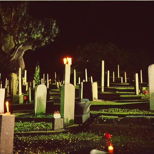 Prompt: film photography film photography of a cemetary in Mexico City, at night, lit with candles, Leica M6, cinestill 800, Noctilux 50mm