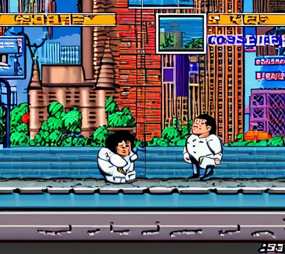 Image similar to screenshot of a sega genesis game, michelin man, columbo, chuck schumer