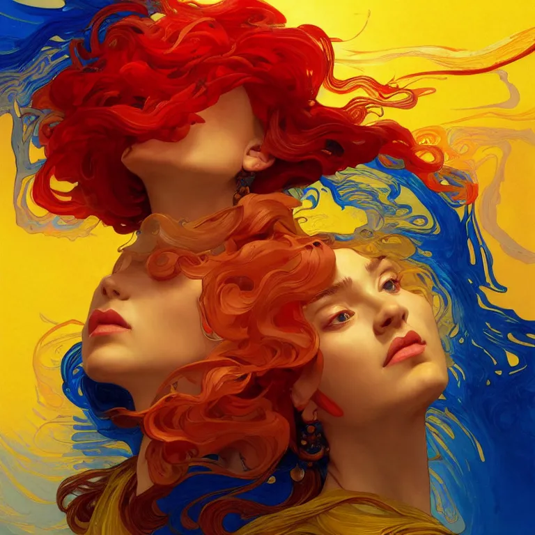 Image similar to Fool is a hue created with swirls of yellow gouache, joyous red, and a daub of crystalline ultramarine, intricate, highly detailed, digital painting, artstation, concept art, smooth, sharp focus, illustration, Unreal Engine 5, 8K, art by artgerm and greg rutkowski and alphonse mucha