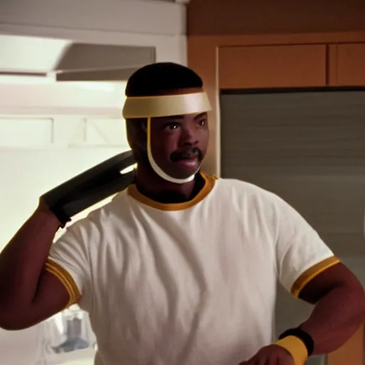 Image similar to Geordi La Forge wearing visor and a colander and random kitchen tools on his head