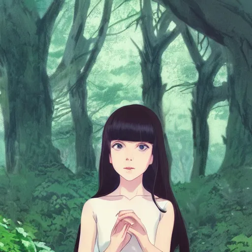 Image similar to Character portrait of a young beautiful woman in a lush park, beautiful face, long dark hair with bangs, highly detailed, cel shading, Studio Ghibli still, by Ilya Kuvshinov and Akihiko Yoshida