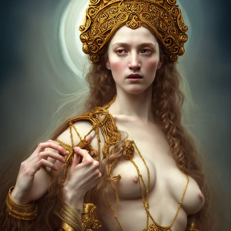 Image similar to renaissance style a wonderful female goddess with a wonderful face and realistic arms and hands and realistic 5 fingers and realistic body with long intricate hair with a beautiful porcelain symmetrical body dressed with a majestic warp ornate cream long cotton dress, hightly ornate, intricate, detailed, dramatic light, cinematic, award winning, octane render, blue light, tom bagshaw style