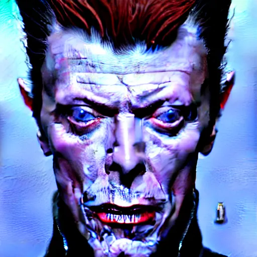 Image similar to David Bowie, character concept, angry light, dark mood, realistic body features and face, illustration, painting oil on canvas by Ayami Kojima and Tomoyuki Yamasaki and Tsutomu Nihei, octane render trending on artstation, 4k, 8k, HD