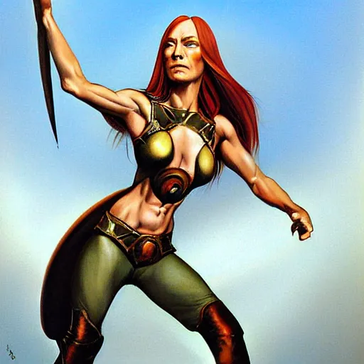 Image similar to portrait of Jen Psaki warrior princess artwork by boris vallejo