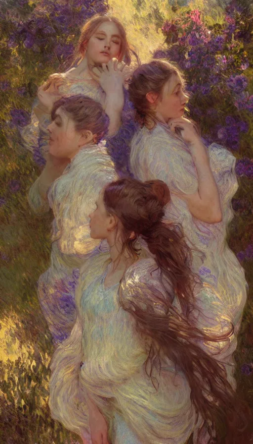 Prompt: illustration studio portrait of three beautiful seraphim female energy in artistic poses in nature, monet painterly motives and textures pattern, hyper detailed, octane render, vivid colors, artstation, by jeremy mann, by alphonse mucha, by monet