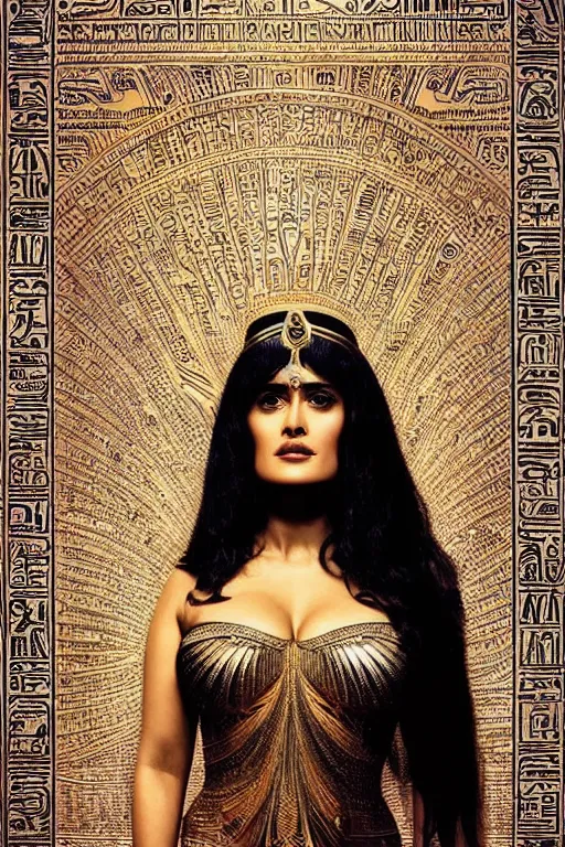 Image similar to Portrait of Salma Hayek as Cleopatra, intricate art deco leaf designs, elegant, highly detailed Egyptian patterns, hieroglyph, sharp focus, art by Artgerm and beeple