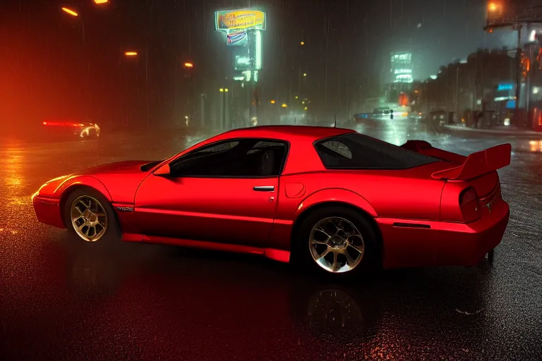 Image similar to hyperdetailed, photorealistic photograph of a 2 0 0 2 pontiac firebird trans - am drifting in the streets, rain, night, dense fog, hd, unreal engine 5 by greg rutowski, by stanley artgerm, by alphonse mucha