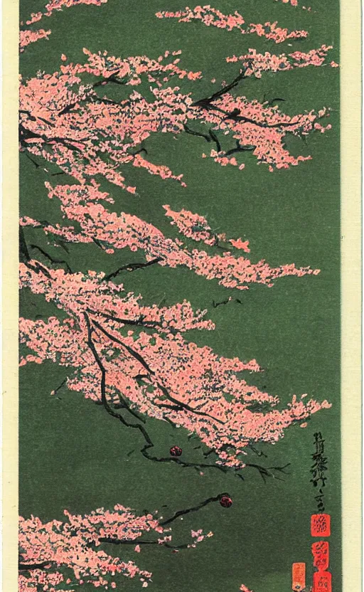 Image similar to by akio watanabe, manga art, cherry blossoms falling, a tree on a hill, trading card front