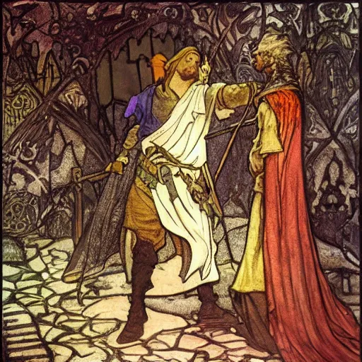 Image similar to robin hood meeting king arthur in the style of howard pyle, arthur rackham, alphonse mucha. volumetric lighting. 8 k resolution. best detail. trending on artstation trending on deviantart