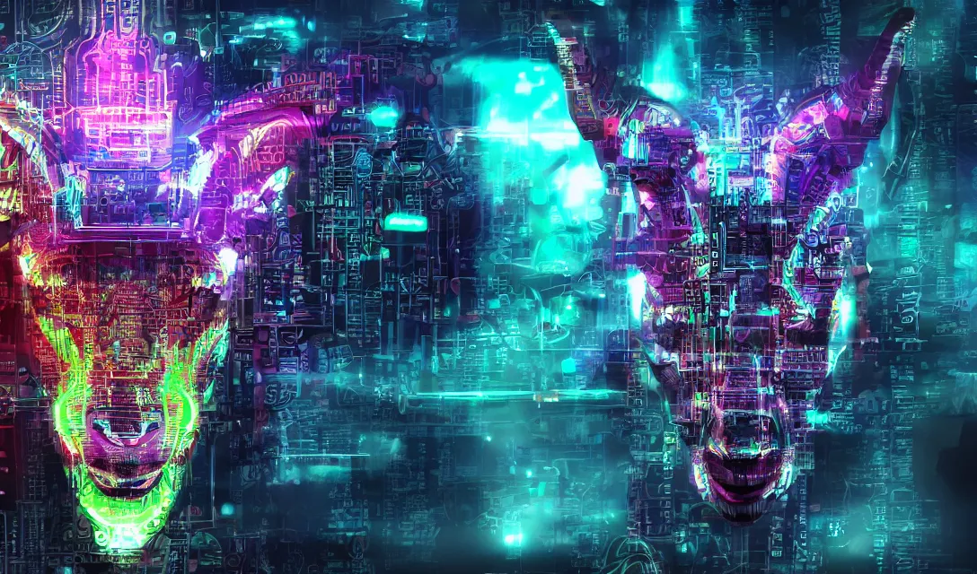 Image similar to complex cyberpunk machine background merged with evil cybernetic goat head in center focus, multicolored digital art