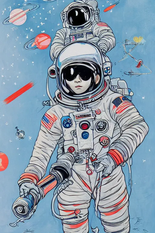 Image similar to James Jean artwork, astronaut in space, colourful