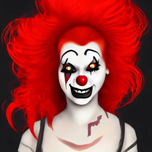 Prompt: A high quality illustration of a smiling goth-clown hybrid with red hair, trending on artstation, cute