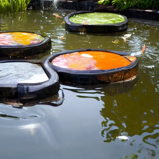 Prompt: car seats floating in a koi pond, 8 k