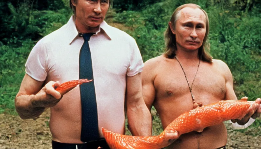 Image similar to 7 0 s movie still of putin in mankini, proudly holding a salmon. cinestill 8 0 0 t _ 3 5 mm eastmancolor, heavy grain, high quality, high detail