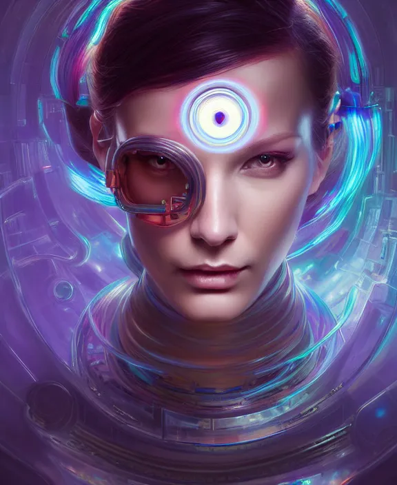 Image similar to a whirlwind of souls rushing inside the metaverse, hologram, half body, neurochip, shaved temple, piercing, jewelry, android, cyborg, cyberpunk face, by loish, d & d, fantasy, intricate, elegant, highly detailed, colorful, digital painting, artstation, concept art, art by artgerm and greg rutkowski and alphonse mucha