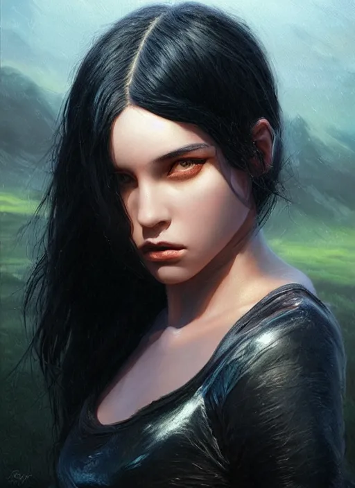 Image similar to girl with iridescent black hair, beautiful highly detailed face, complementary lighting, backlit, eyeshadow, divine, dramatic lighting, landscape background, beautiful painting by artgerm and greg rutkowski and raymond swanland