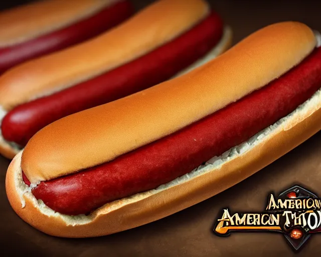 Prompt: american hotdog product photography close up advert, deep focus, d & d, fantasy, intricate, elegant, highly detailed, digital painting, artstation, concept art, matte, sharp focus, illustration, hearthstone,