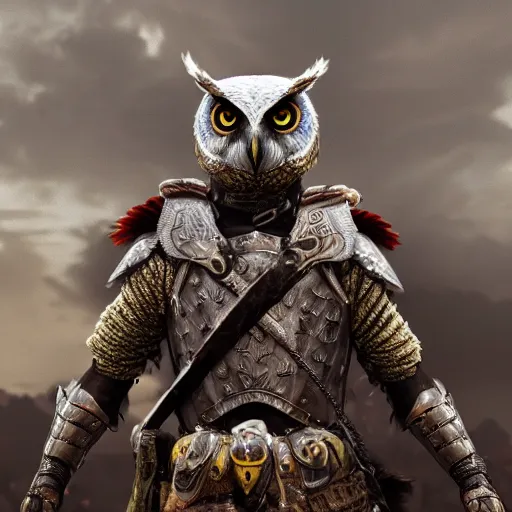 Image similar to warrior with owl armour, highly detailed, dramatic lighting, cinematic, 4k