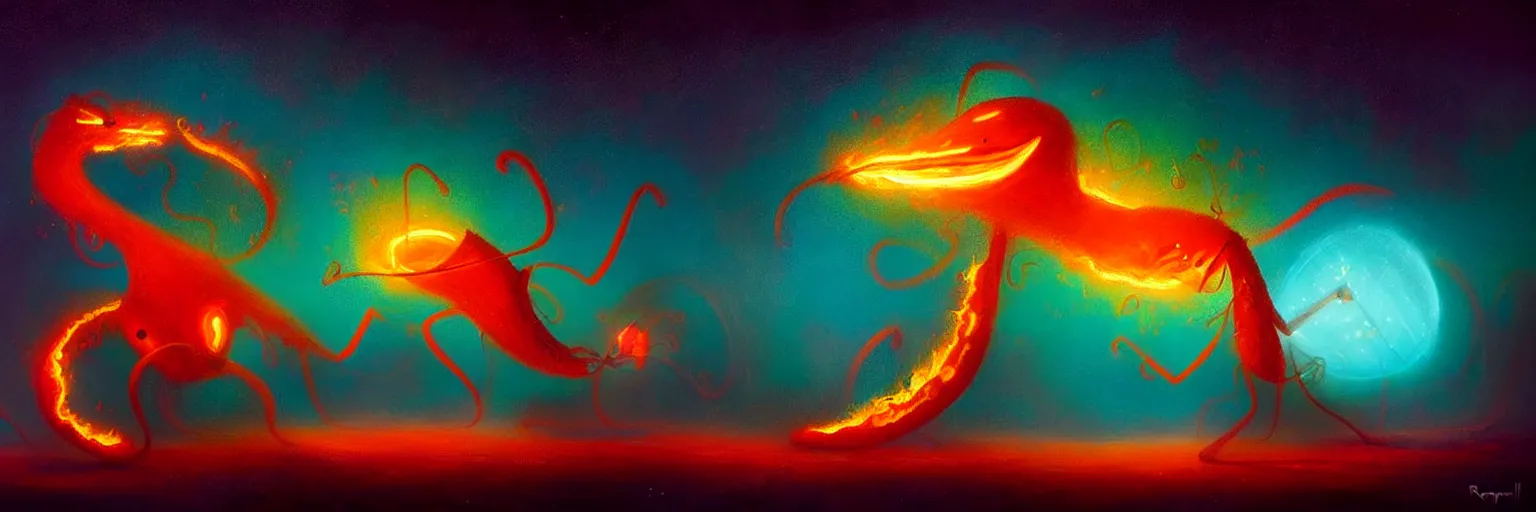 Image similar to whimsical surreal fiery plankton creatures, surreal dark uncanny painting by ronny khalil