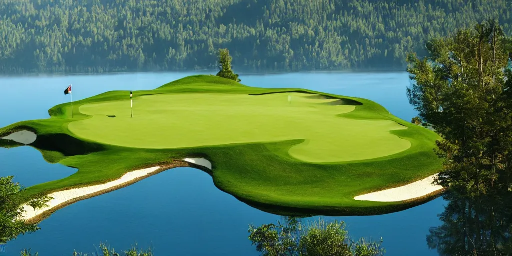 Image similar to a great photograph of the most amazing golf hole in the world completely surrounded by water, calm water, perfect light, loch ness monster, ambient light, miniature, tilt shift lens, golf digest, top 1 0 0, fog