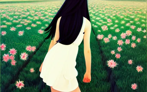 Image similar to little girl with her long black hair dressed in a simple white dress laying down on a flowery field, anime art style, digital art by ilya kuvshinov, inspired by balthus, hd, 4 k, hyper detailed, rear view