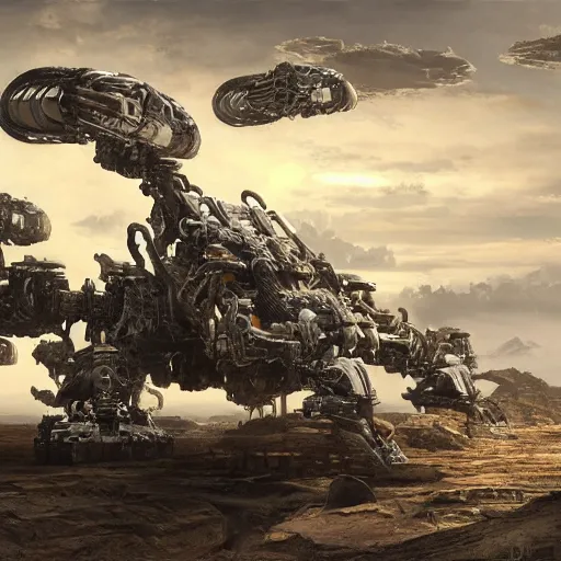 Image similar to highly detailed robotic vehicle in a scifi landscape by feng zhu, hyper - detailed, sharp, beautiful, desaturated, oil on canvas