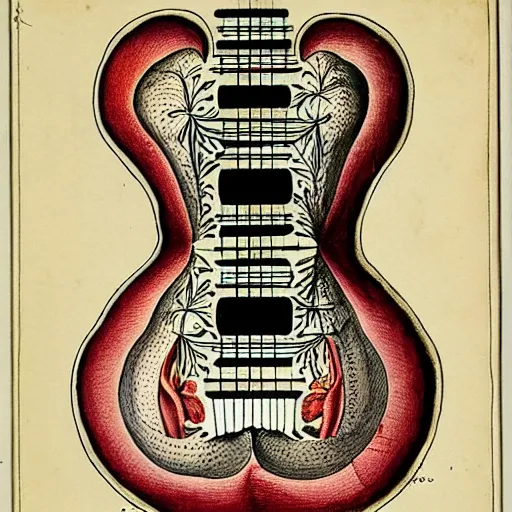 Image similar to anatomical diagram of a guitar, by maria sibylla merian