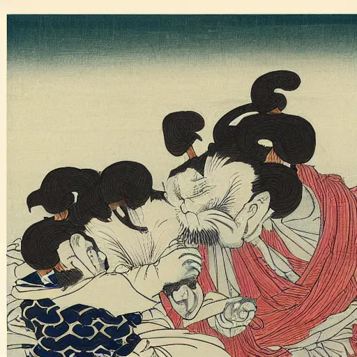 Prompt: three wise monkeys by hokusai