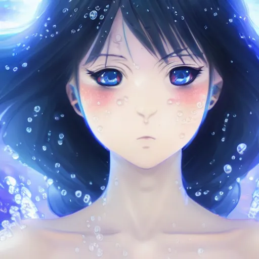 Image similar to a very beautiful anime girl wearing a dress made of water standing in a crystal lake , full body, long black hair, azure blue watery eyes, full round face, seductive stare, cinematic lighting, closeup shot, mid-shot, highly realistically detailed, trending on artstation, Unreal Engine 4k, Stanley Artgerm Lau, WLOP, Rossdraws, James Jean, Andrei Riabovitchev, Marc Simonetti, and Sakimichan
