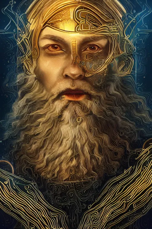 Prompt: mythological odin all father god of thunder and artificial intelligence creating himself with an artificial neural network with gold synapses, high resolution, award winning art, trending on art station, sharp image, incredibly detailed, detailed character realistic painting